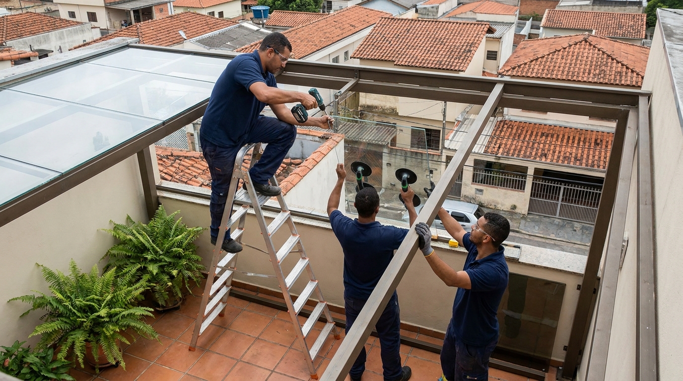 Cobertura de vidro em terraço com telhados em Santo André-SP