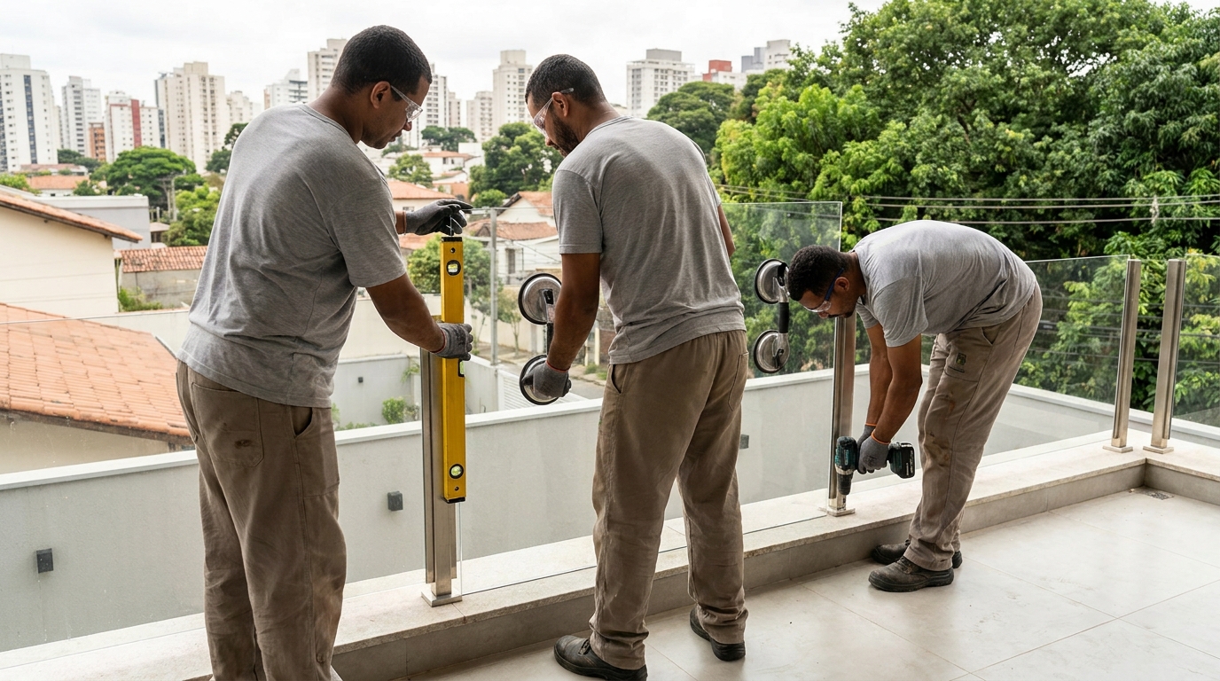 Guarda-corpo em terraço alto com vista cidade em Santo André-SP