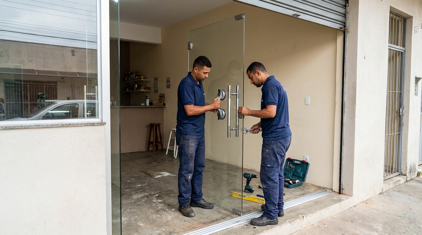Dupla instalando porta de vidro em loja em Santo André-SP